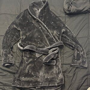 H&M Charcoal Plush Wrap Robe with Embellished Dots